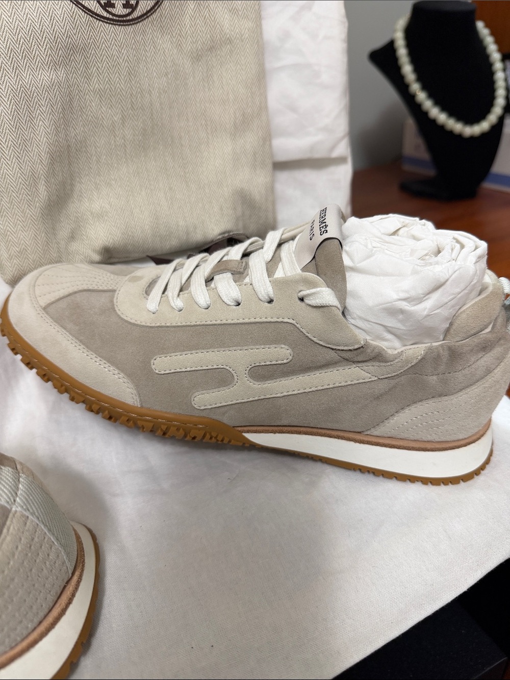 Hermes Beige and Gum Sole Suede Lace-Up Sneakers - Picture 6 of 10